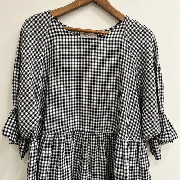 Magic Linen Voluminous Linen Ruffle Sleeve Babydoll Dress Black White Gingham - Picture 7 of 14